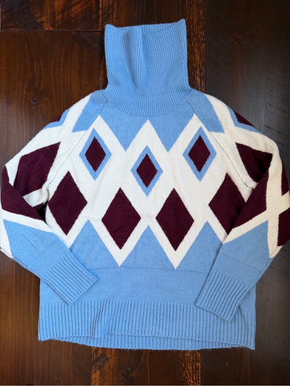 J. Crew Light Blue, White & Burgundy Diamond Turtleneck Sweater